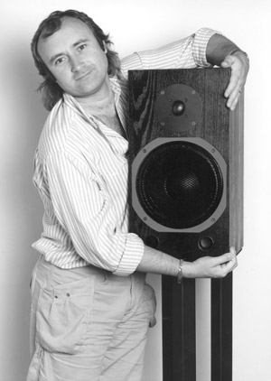 Phil Collins hugging a Wellard Research studio monitoring loudspeaker from Myst Ltd